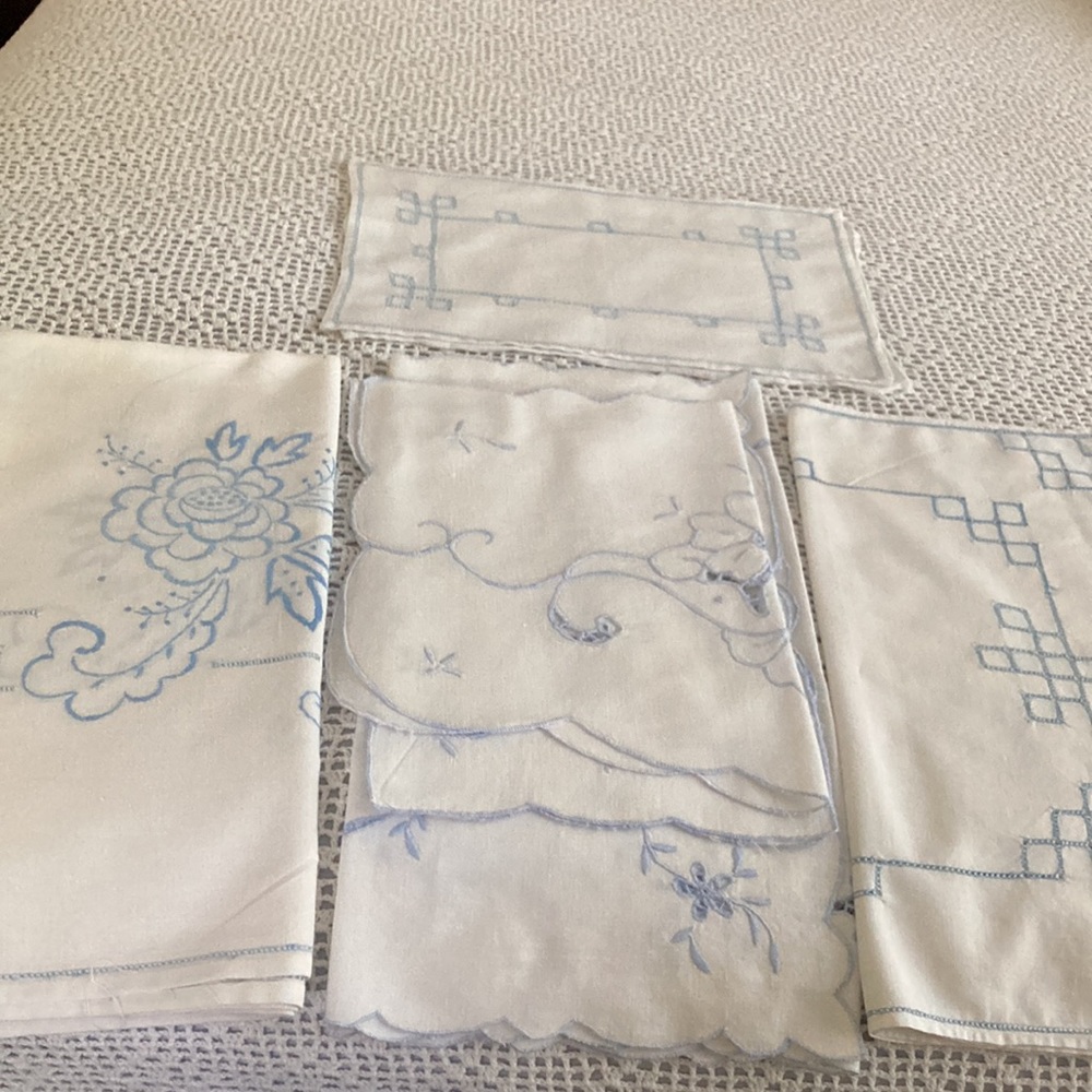 Vintage Blue and White Embroidered Scarves, Various Sizes